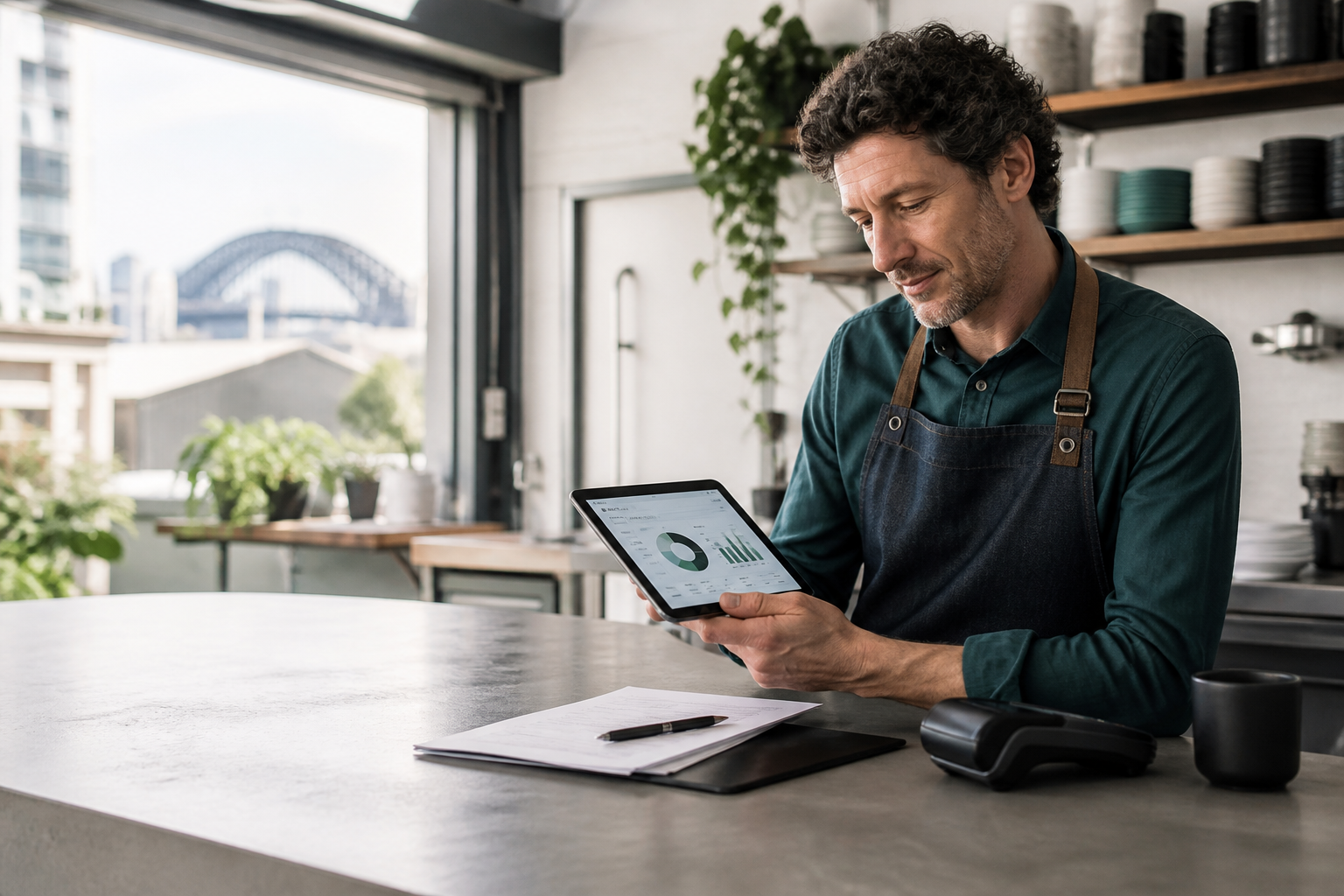 Small business owner reviewing figures in a café